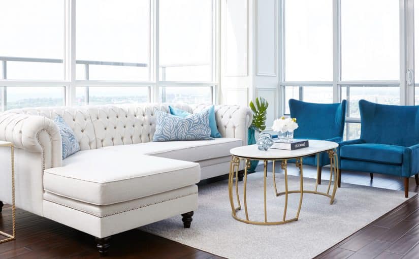 Legion Road, traditional condo design, white tufted sofa, blue arm chairs